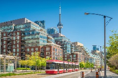 Street car in Toronto with view of the CN tower