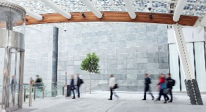 Interior of brightly lit corporate building