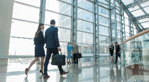 Interior of large glass corporate building