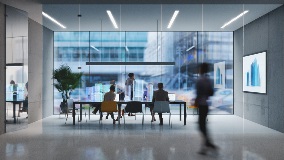 Meeting in an office with glass doors