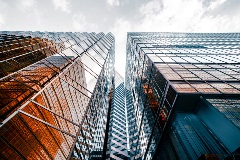 Wide view of skyscrapers downtown