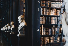 Library with books and head statues